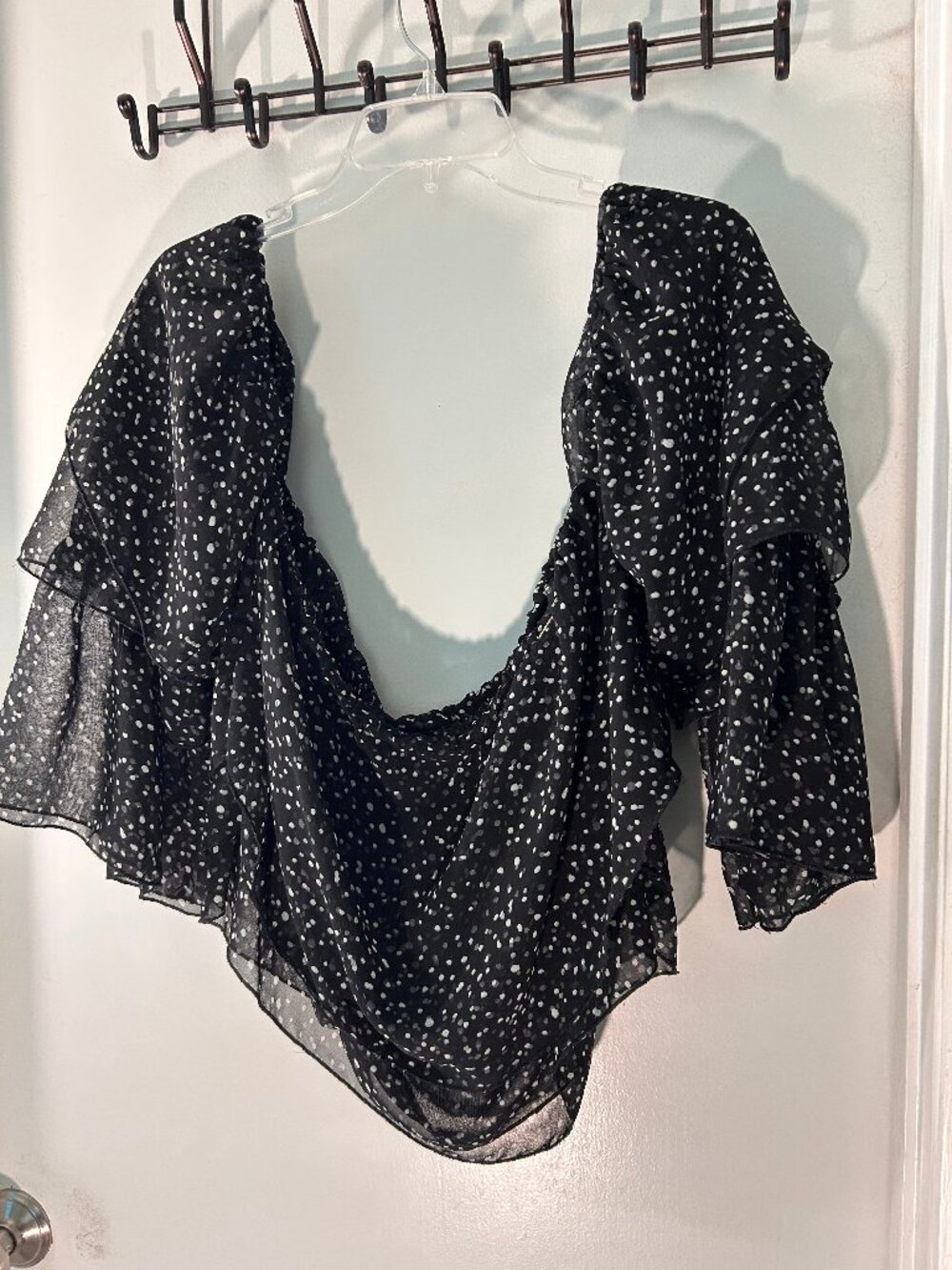 bebe Black, White, and Gray Dot Sheer Ruffle Off-Shoulder Blouse XL